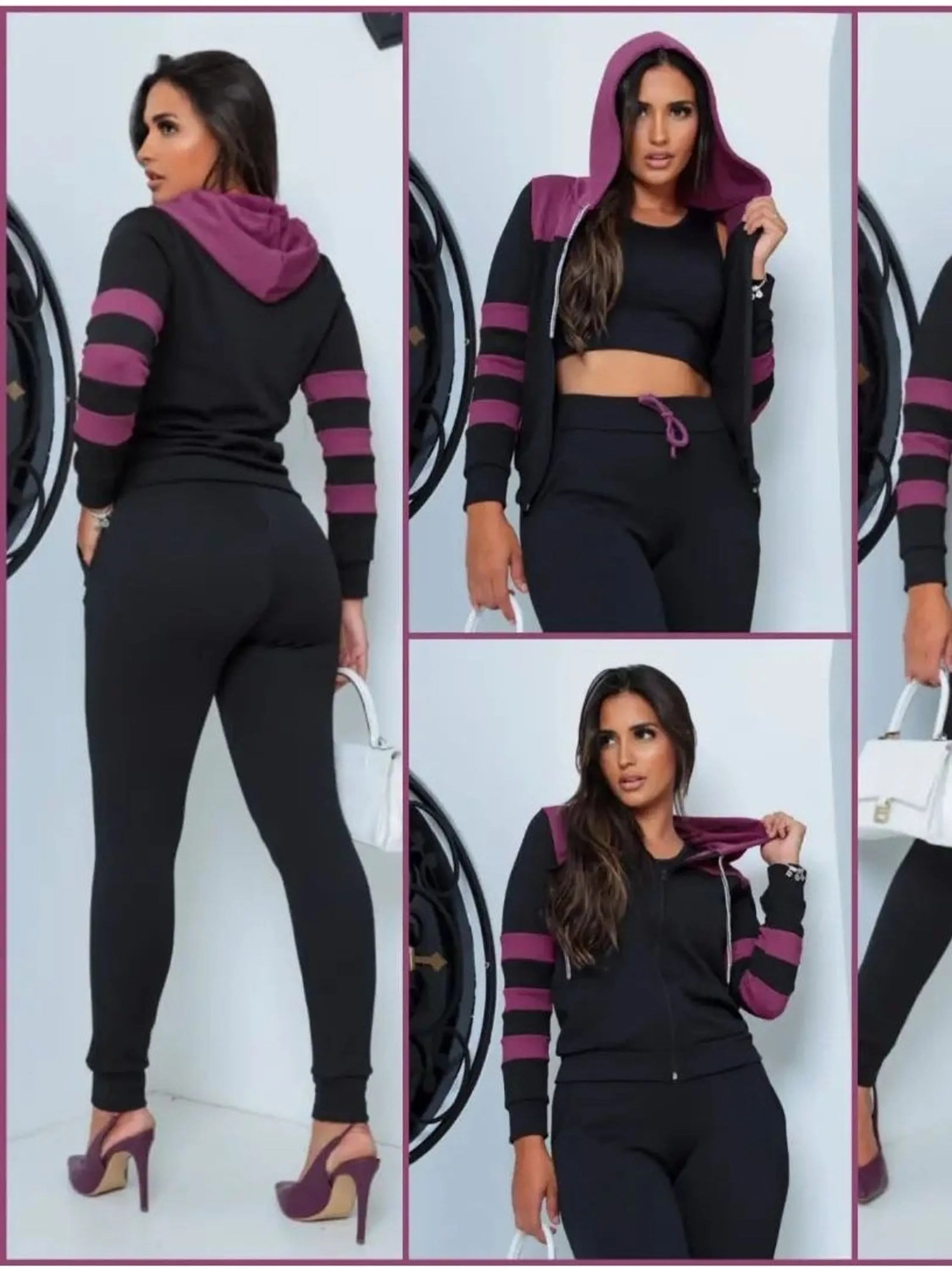 Conjunto malha crepe blusa manga com capuz e calca moda