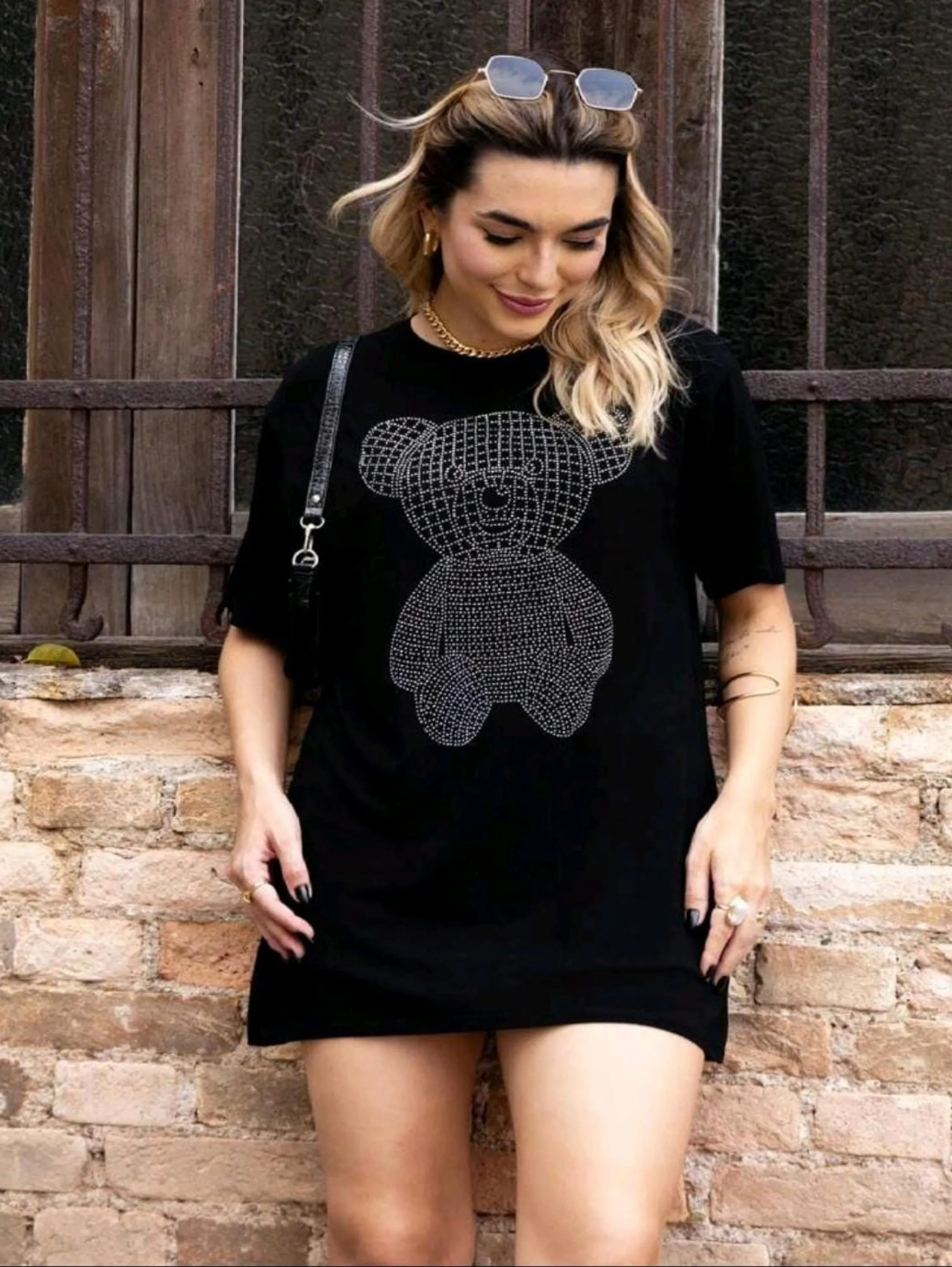 Camisetao Vestido Strass Estampa Urso Tecido:Viscolycra