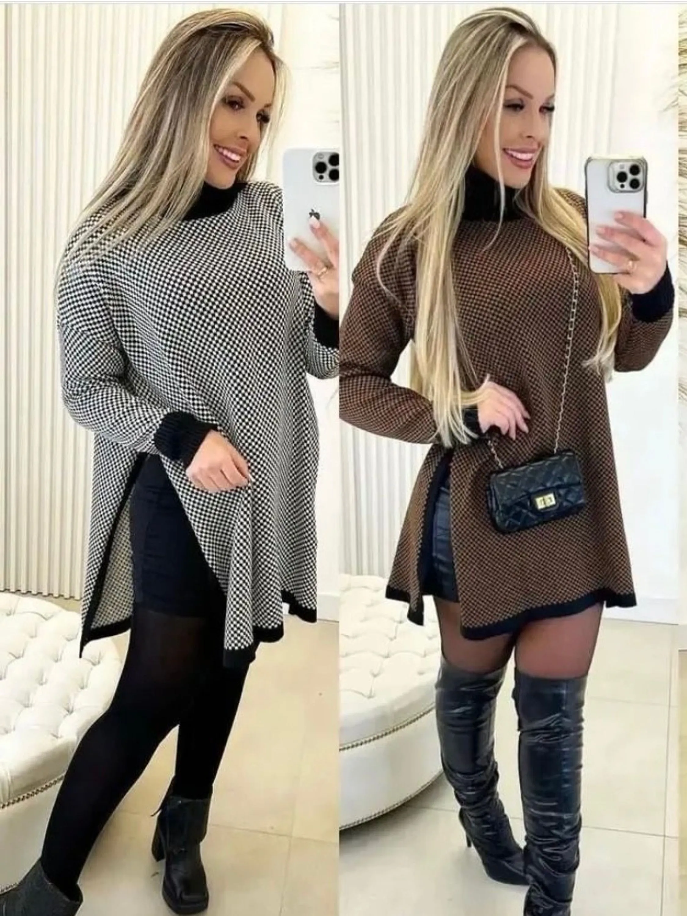 Poncho de Tricô Mousse Com Estampa Xadrez e Gola Alta Feminino