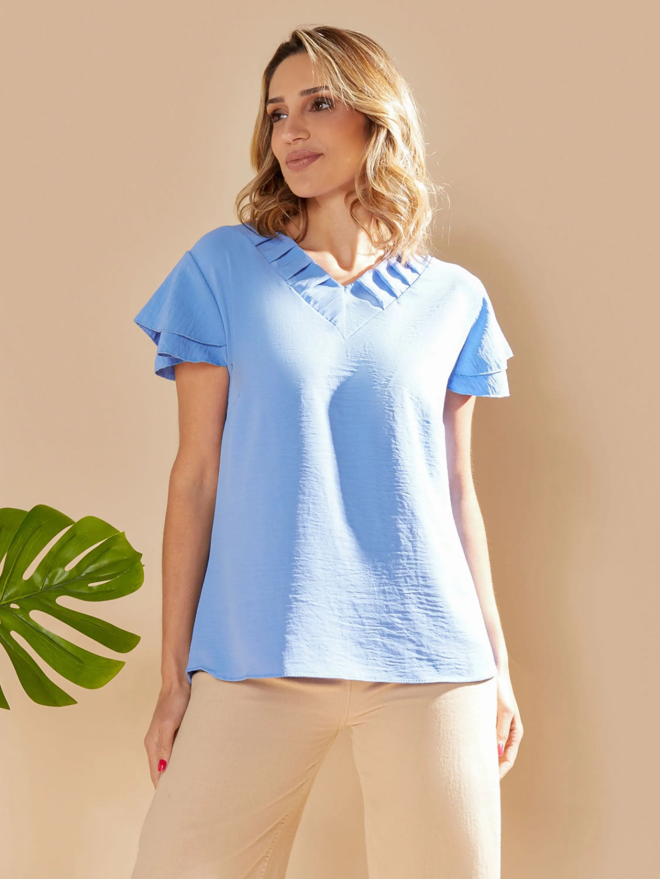 Blusa Femenina lisa /Decote V/detalhes do decote/Punhos de dupla camada