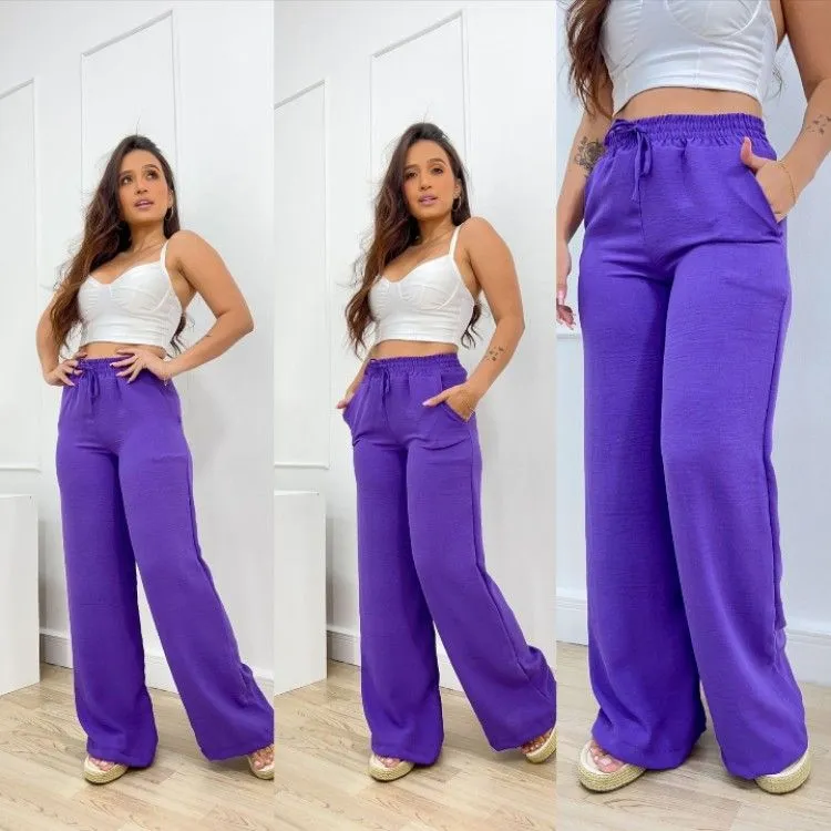 Calça pantalona tecido duna com cordão na frente