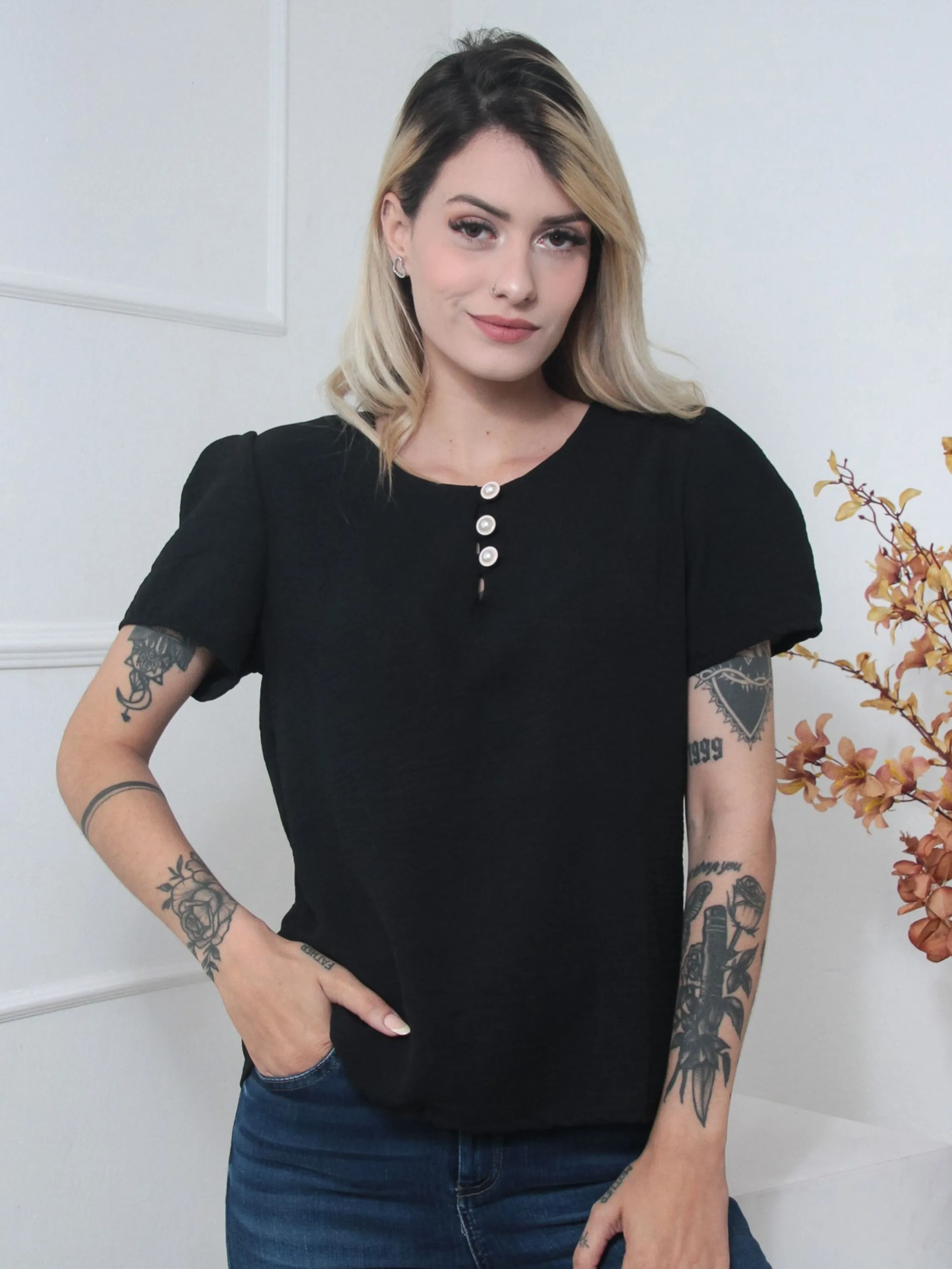 Blusa feminina manga curta - Tecido Duna. Cod: 39