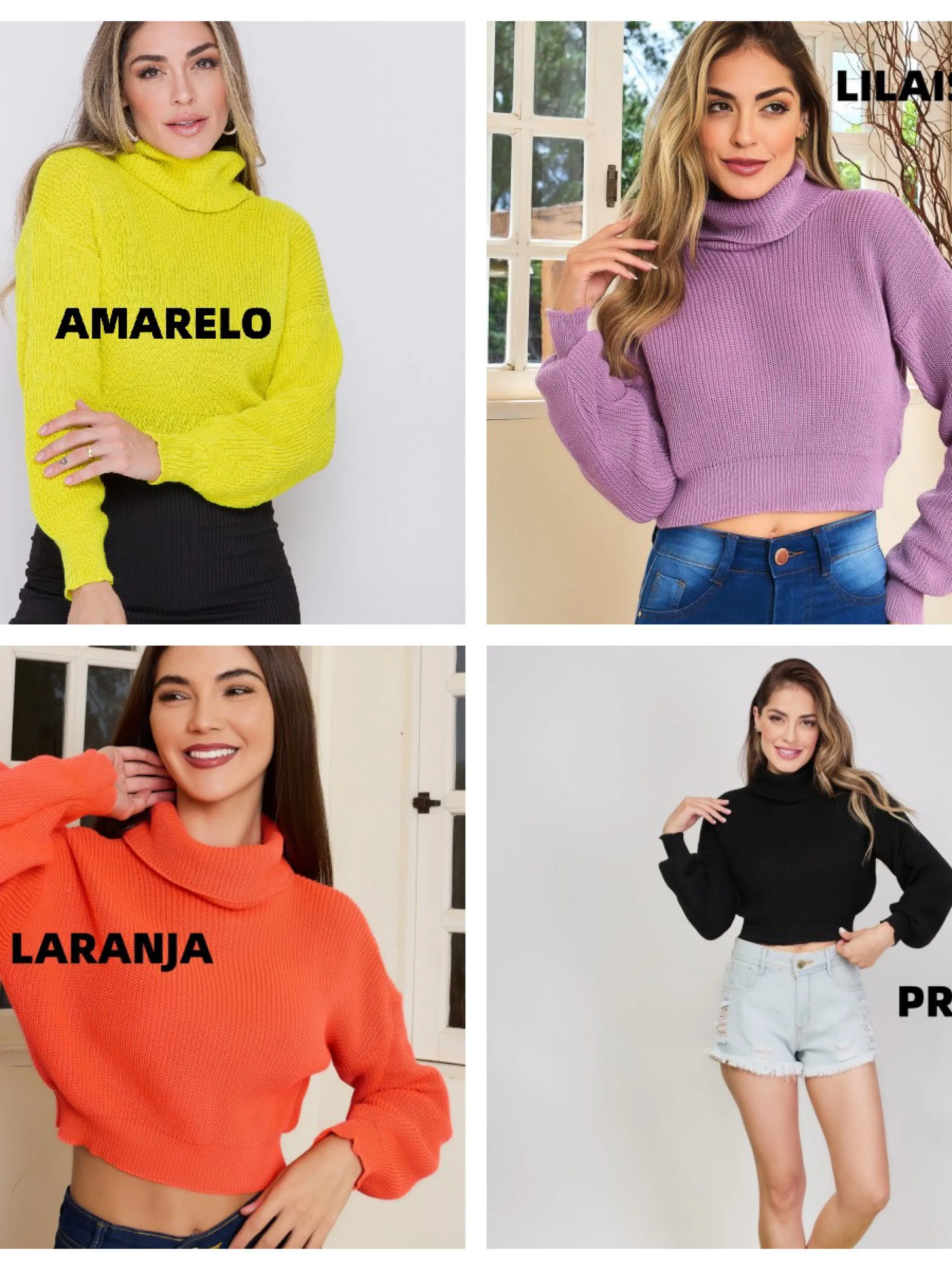 Cropped Suéter liso curto de malha com gola alta