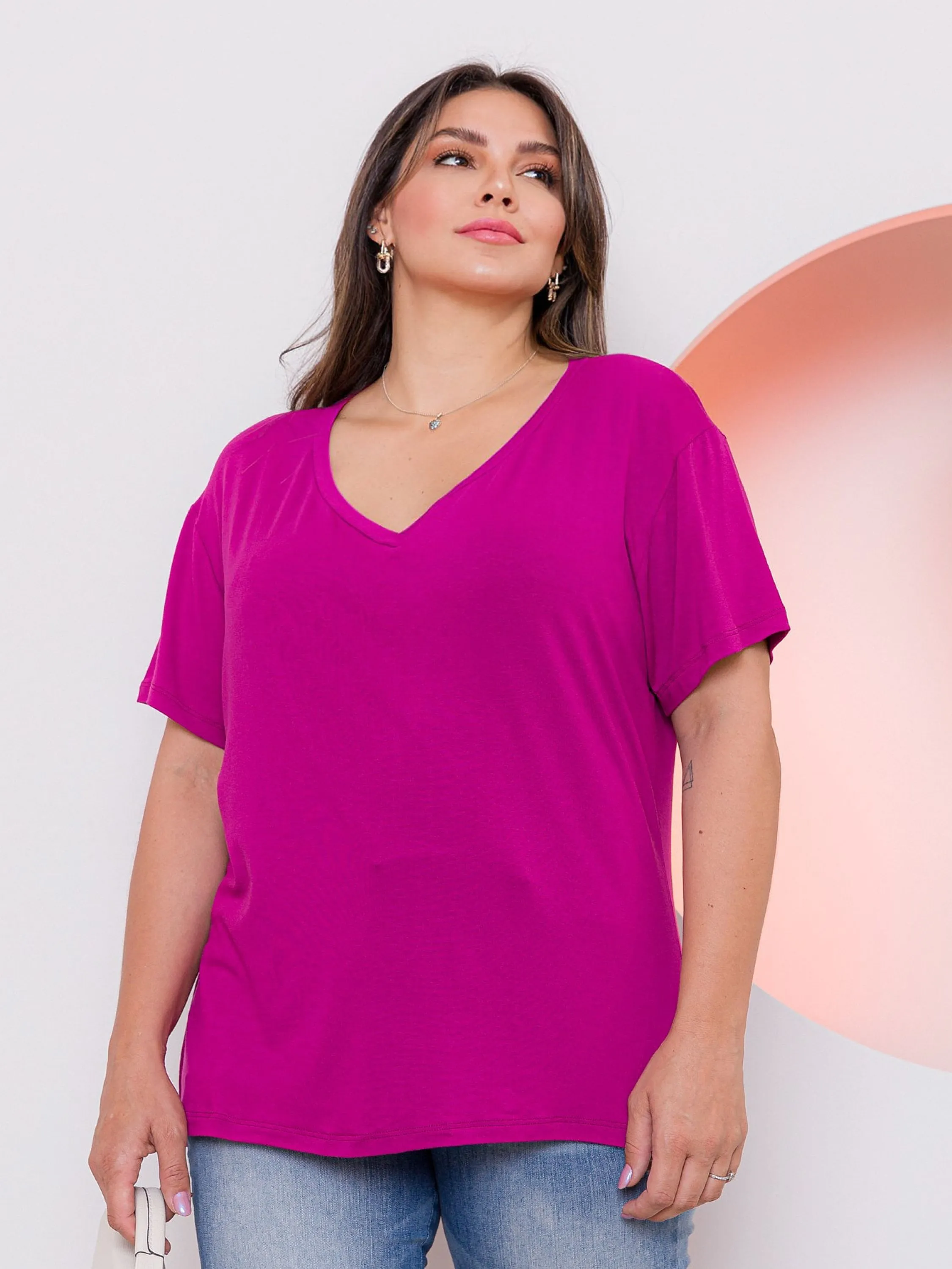 Tamanho grande solto com decote em V casual para casa mangas curtas plus size