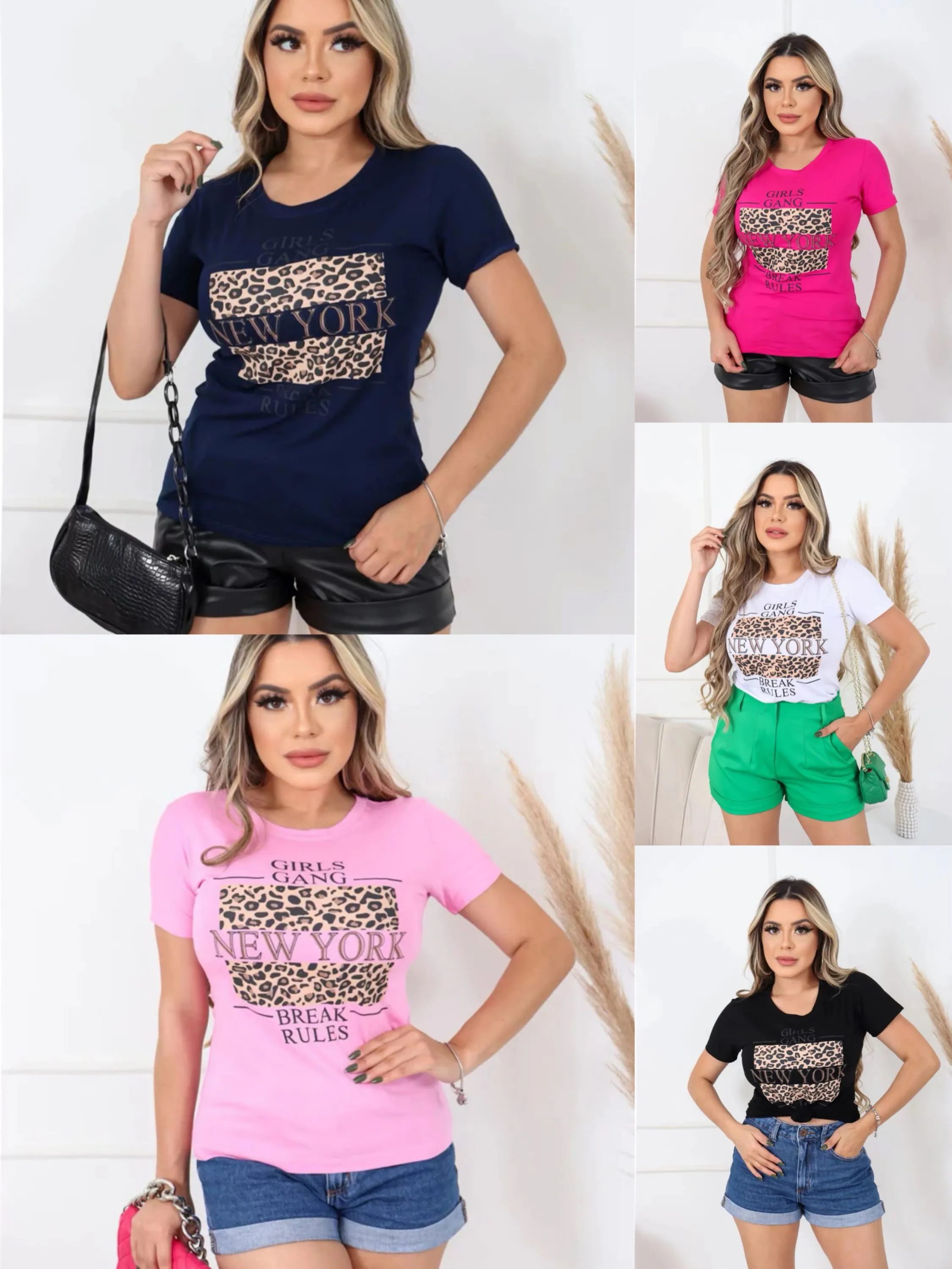 Kit 5 peças blusa T-shirt feminina tecido viscolycra