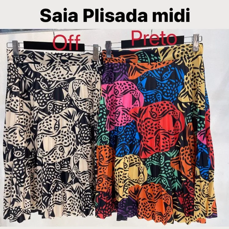 Saia Plisada midi onça -sweet girl moda feminina