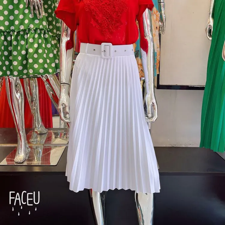 Saia Plisada midi com cinto branco -sweet girl moda feminina