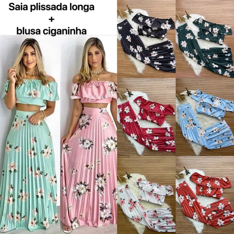 Conjunto saia plissada longa +blusa ciganinha