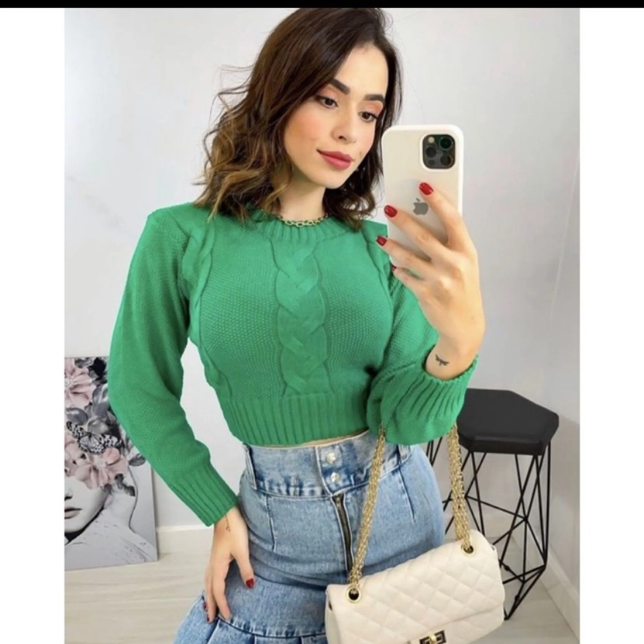 Blusa Tricot Cropped Manga Longa