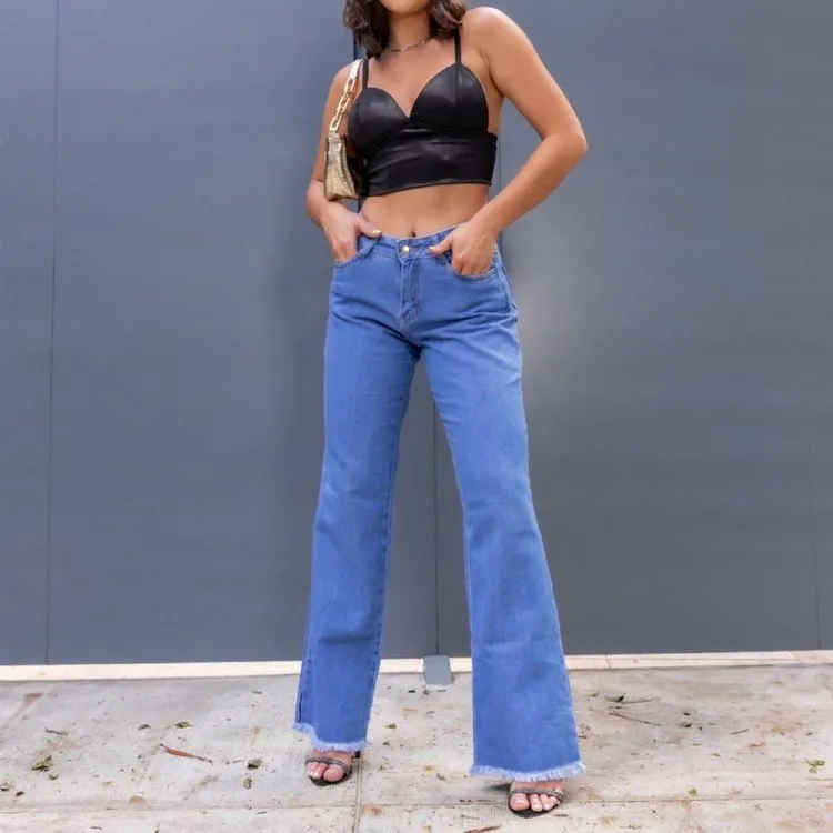 Calça wide leg pantalona jeans Mon novo