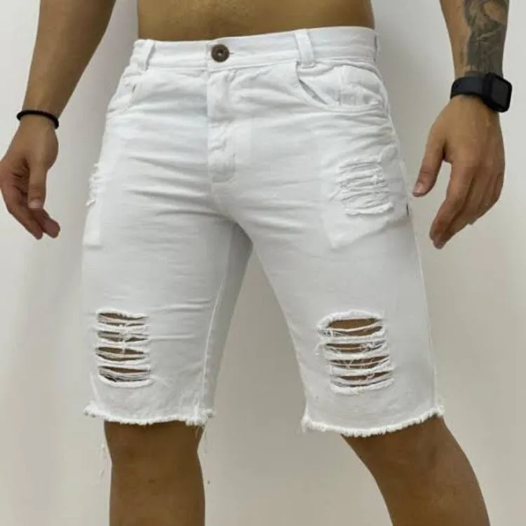 Bermuda Jeans masculino branco rasgada