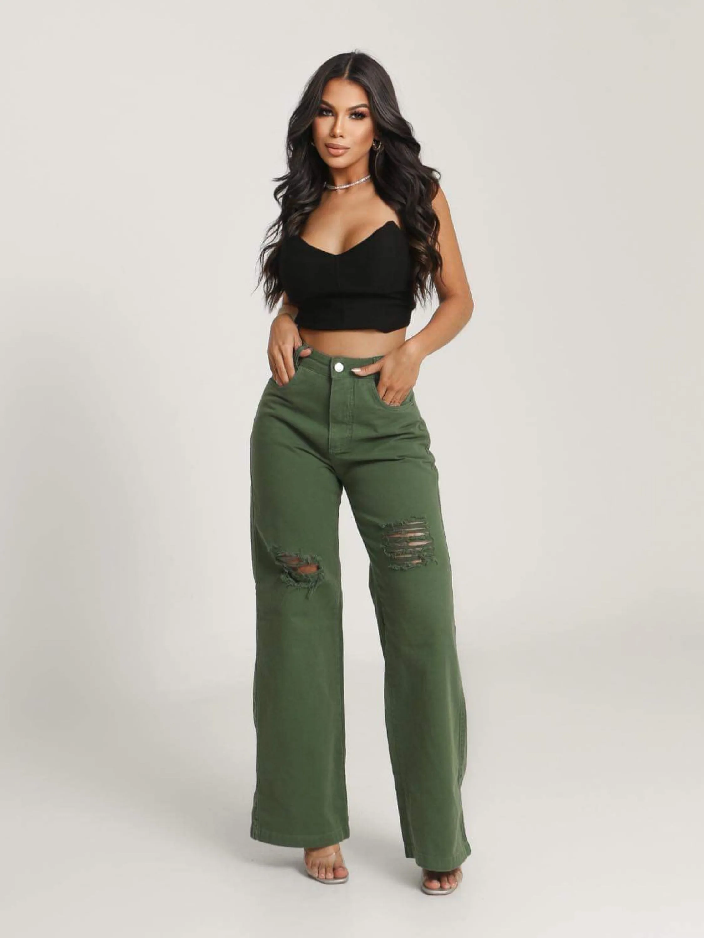 Calça wide leg jeans feminina