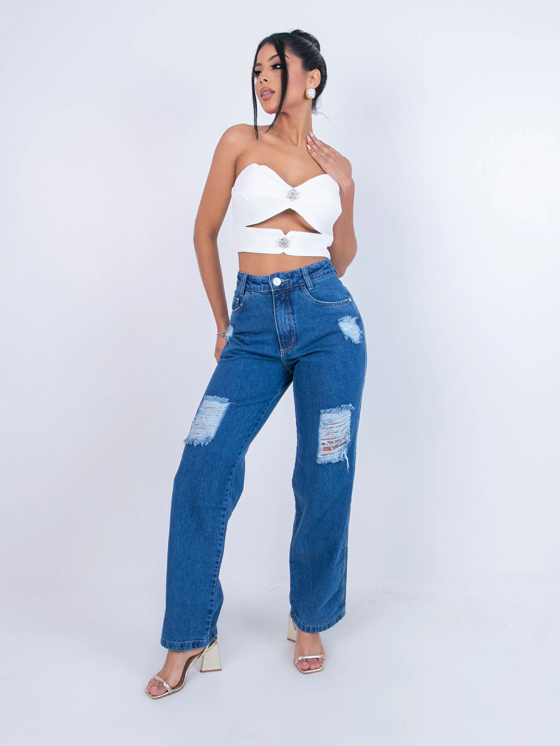 Calça wide leg jeans feminina