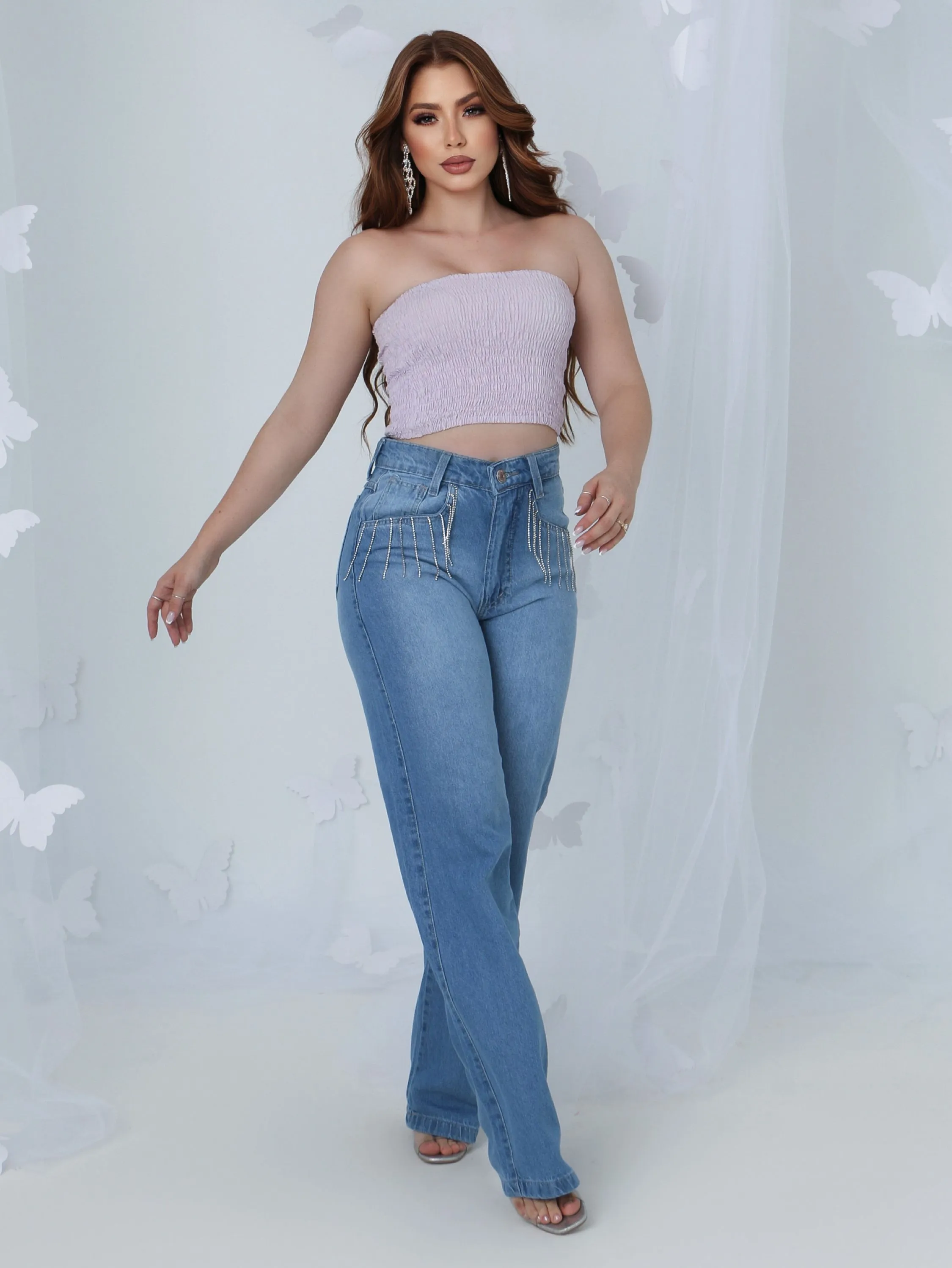 Calça wide leg jeans feminina