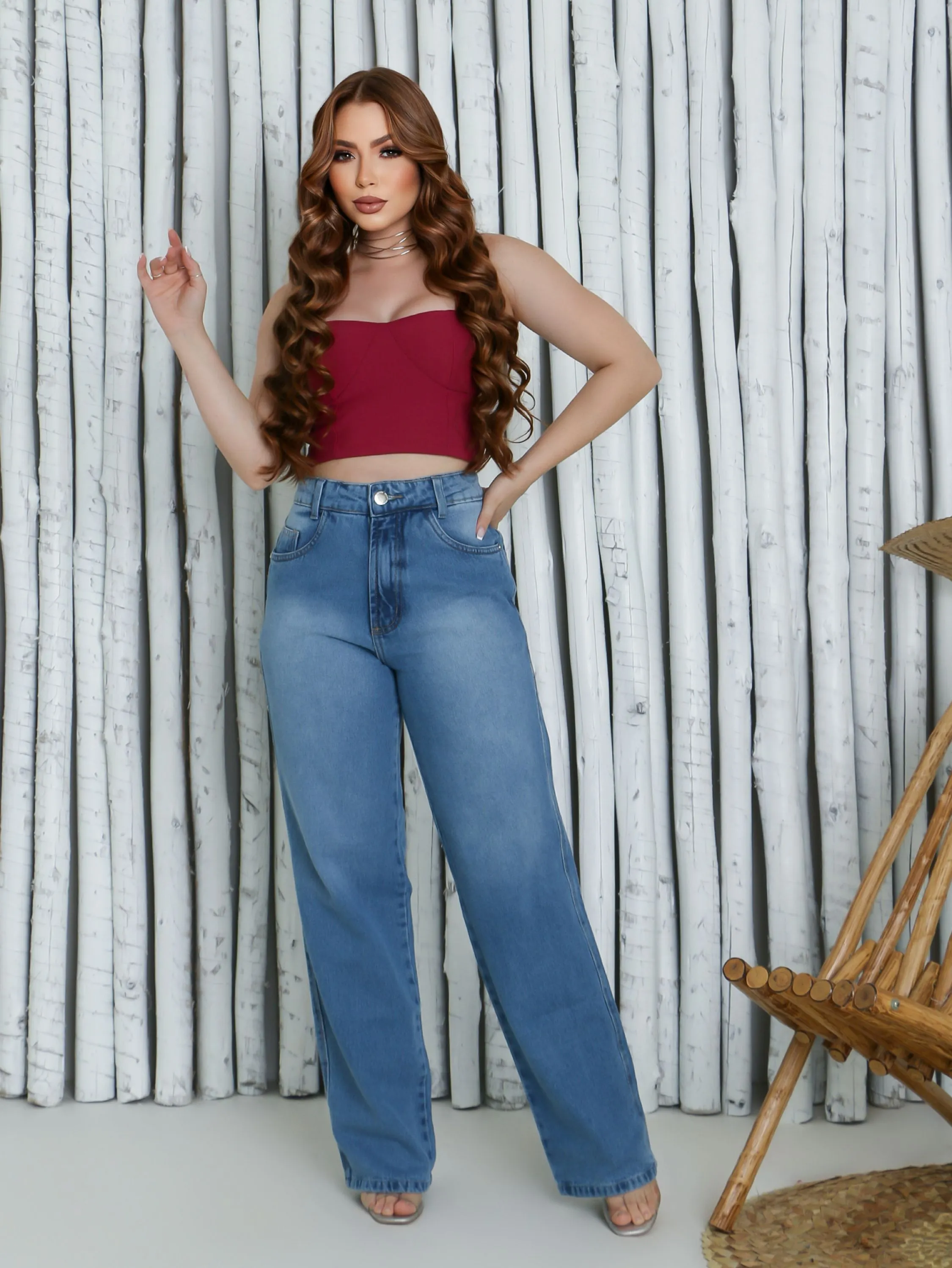 Calça wide leg jeans feminina