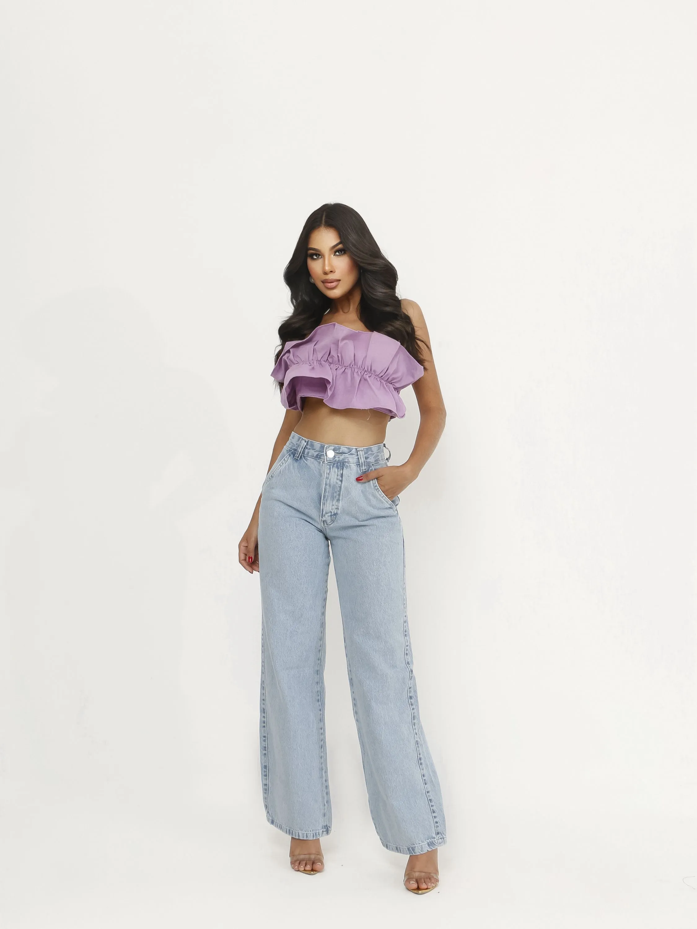 Calça wide leg jeans feminina