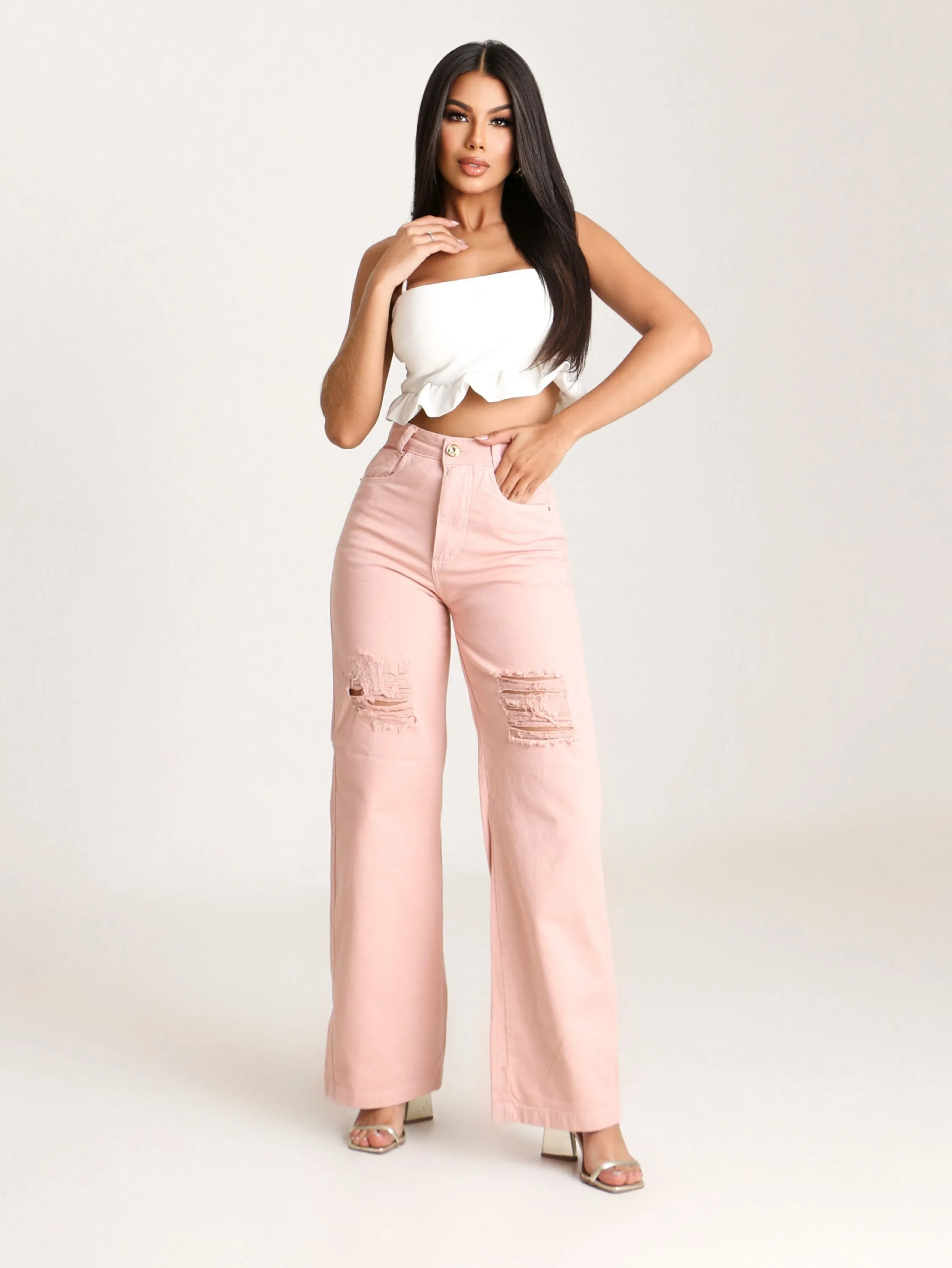 Calça wide leg jeans feminina