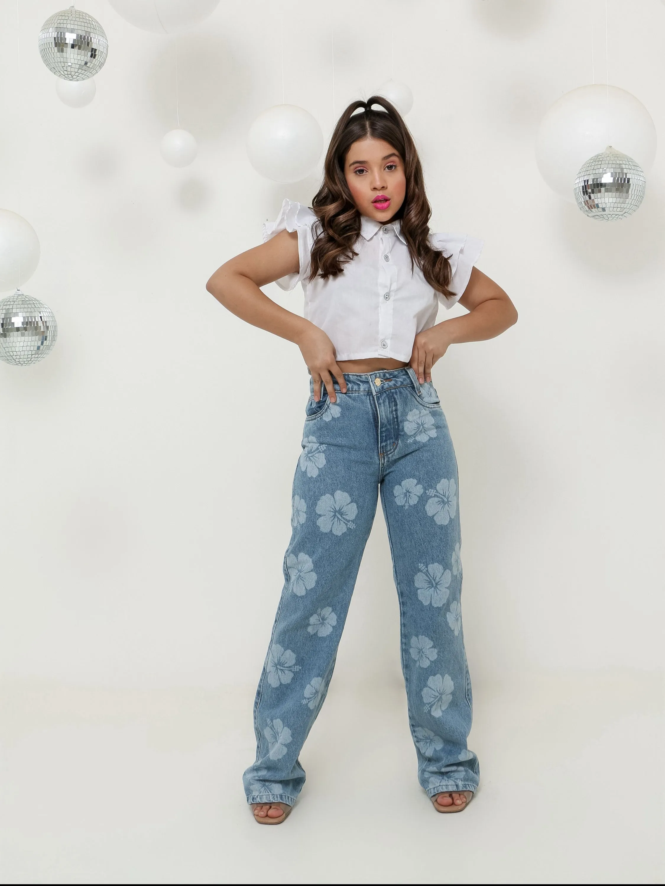 Calça wide leg jeans infantil