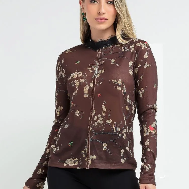 blusa estampado floral com laço casual feminina -eb0566