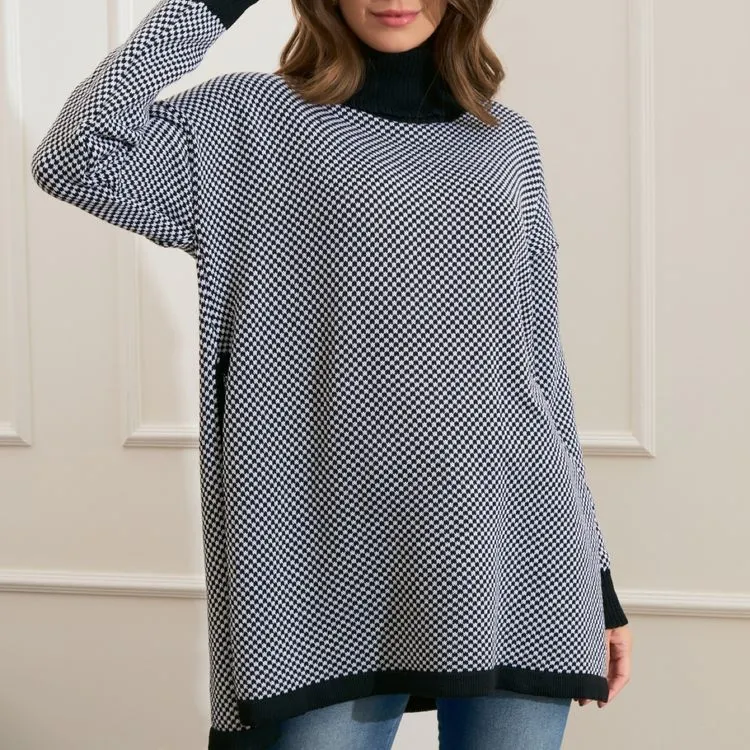 blusa tricot poncho desenho xadres de gola alto Simples ocasional -ub58