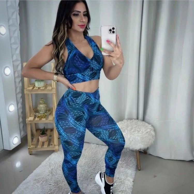 Conjunto feminino estampado moda fitnes moda academia