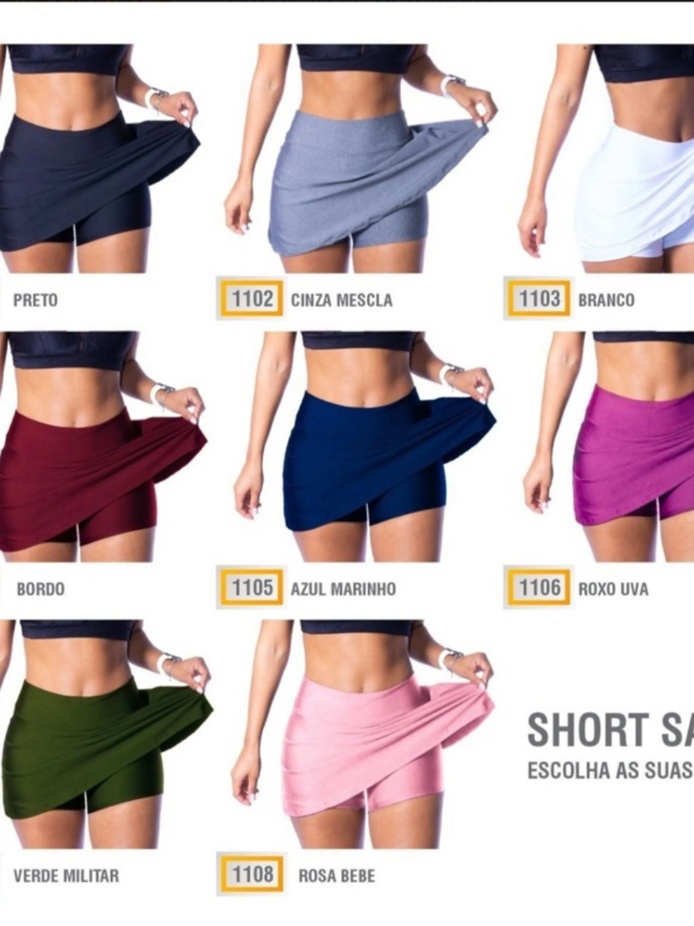 Shorts saia liso colorido moda fitness feminina