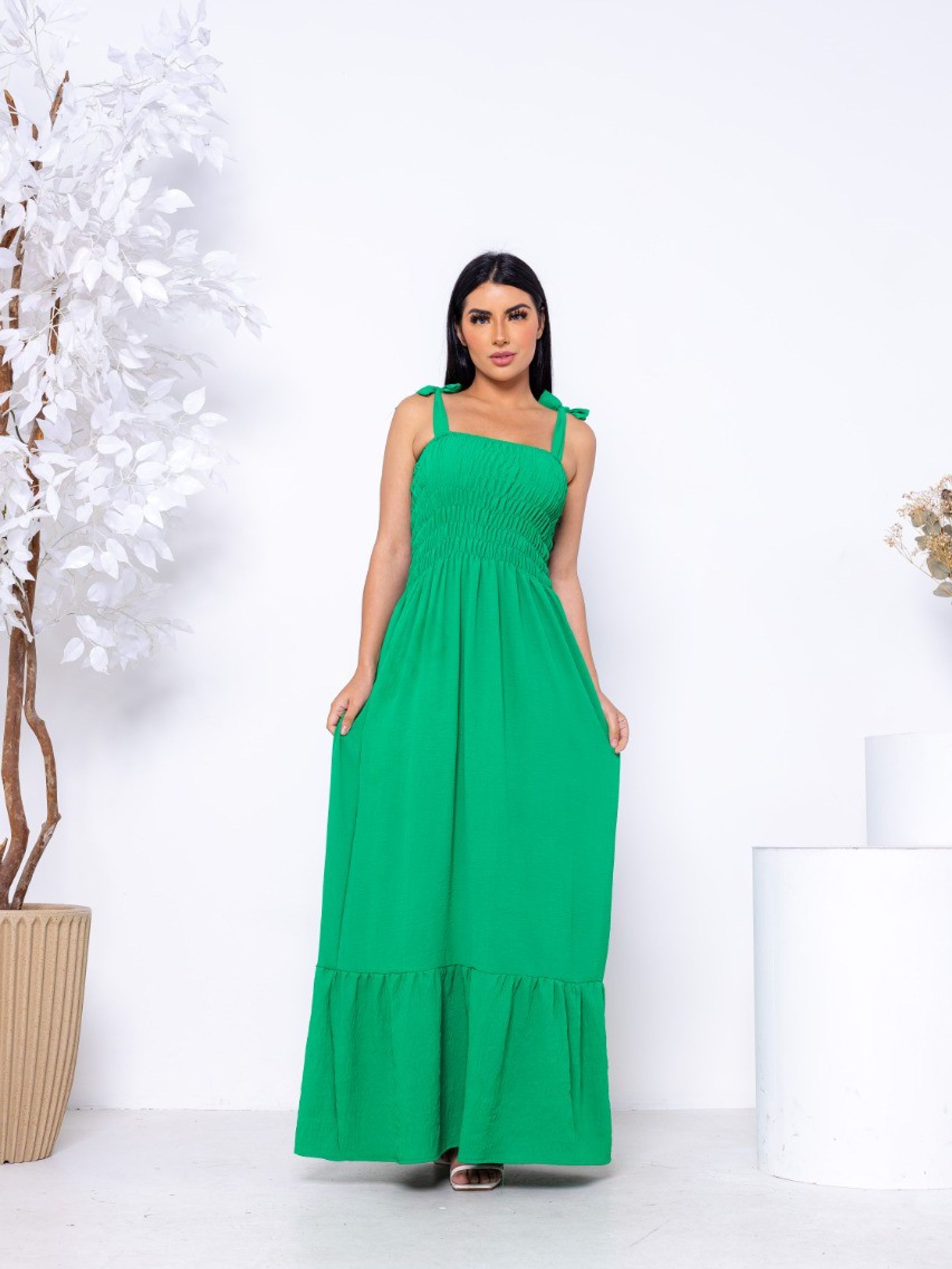 Vestido longo alça amarrar reposição cores