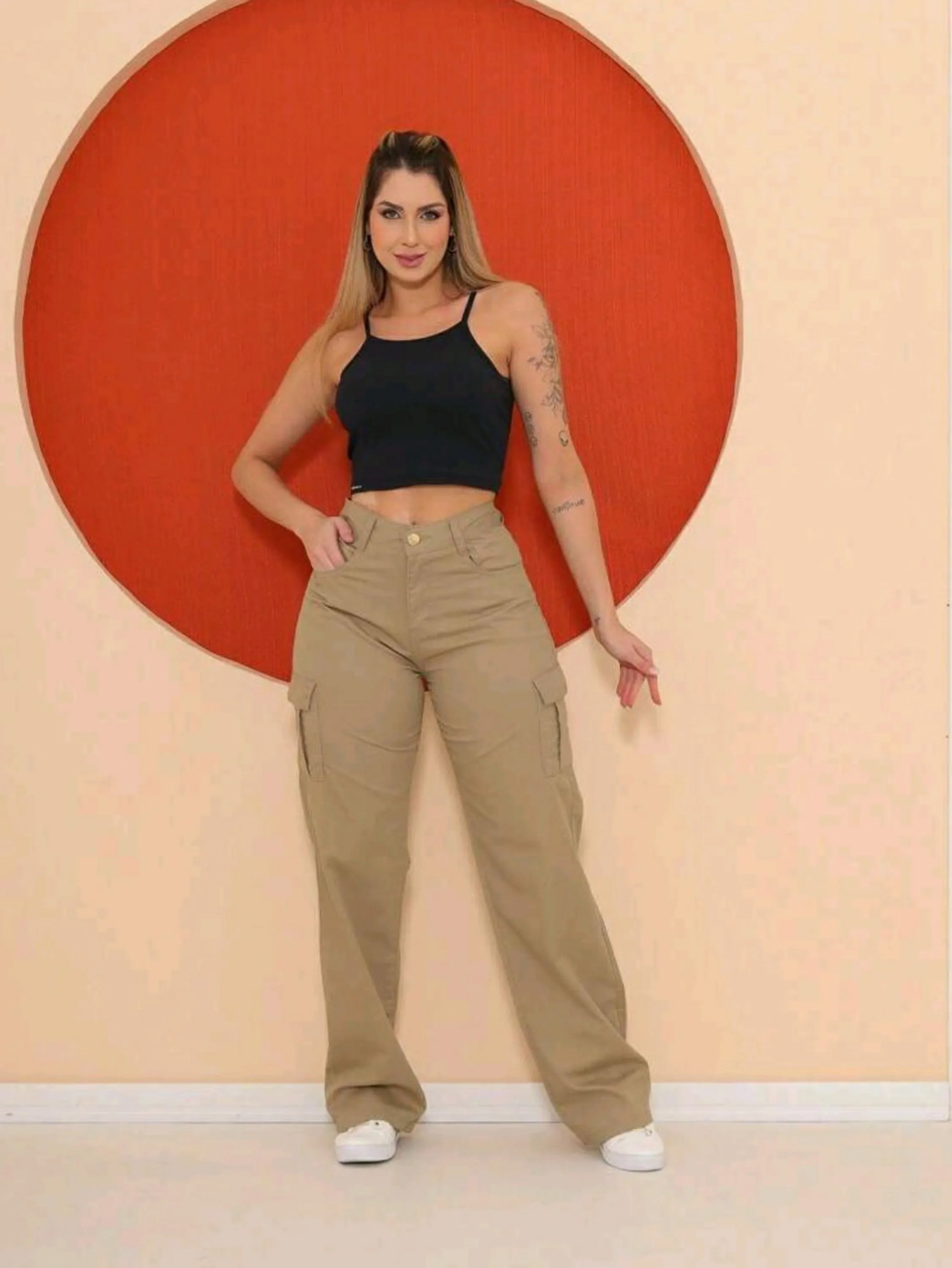 Calça Wide Leg Cargo Caqui