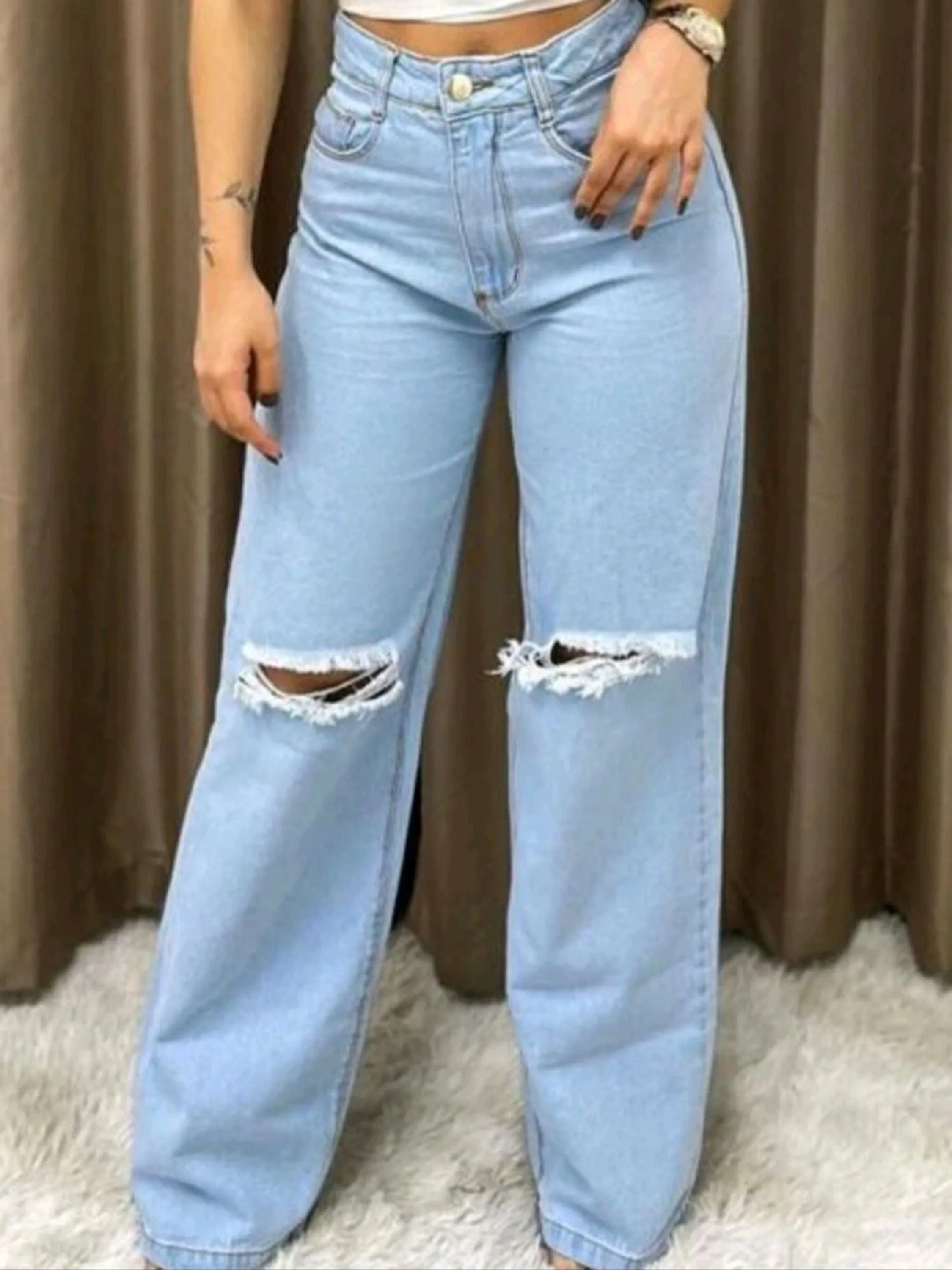 Calça Pantalona Wide Leg Jeans Rasgada