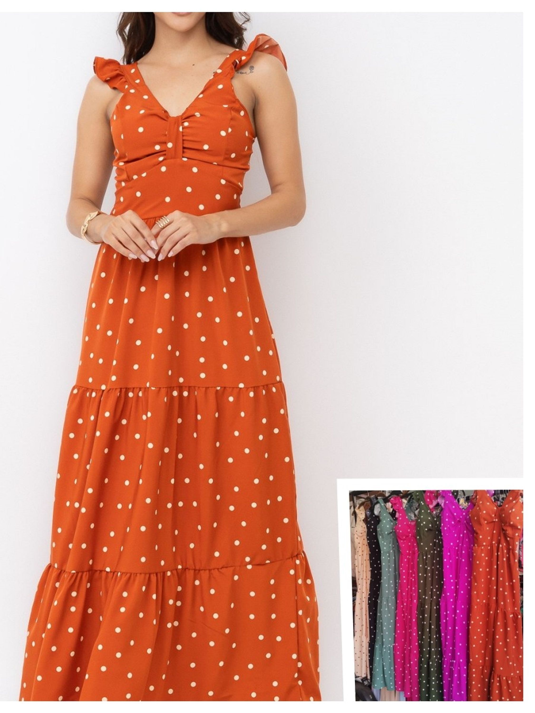 Vestido longo de poliéster bolinha