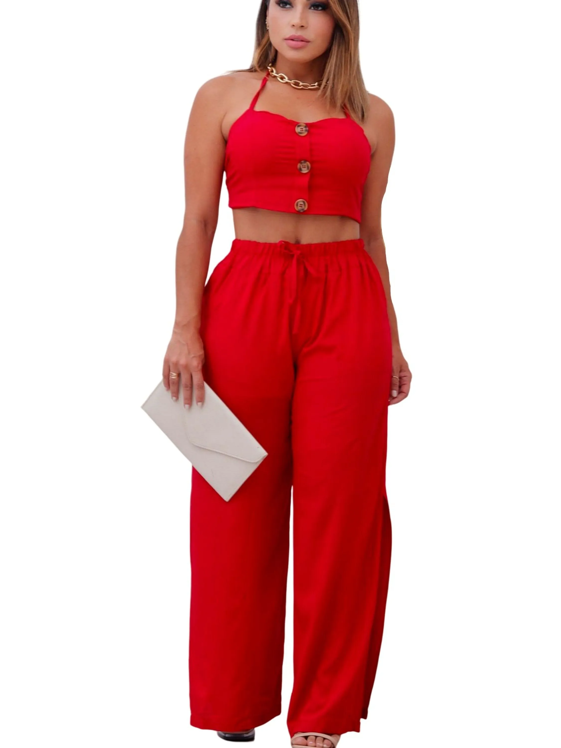 Conjunto Feminino Cropped + Calça Pantalona