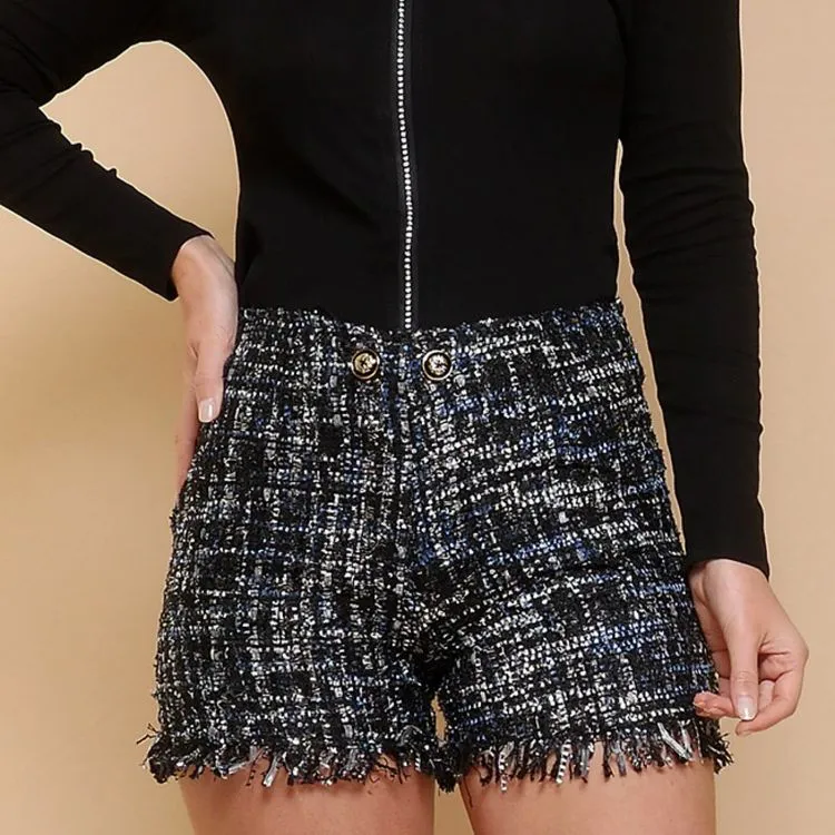 short de tweed colorida，com zipper do lado