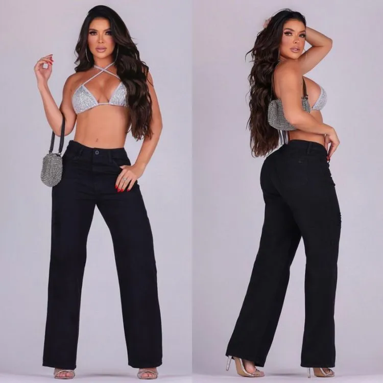 Wide leg  jeans feminina  preta sem lycra