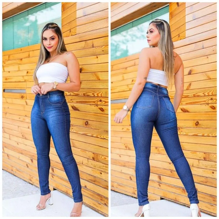 Calça jeans feminina skinny com lycra