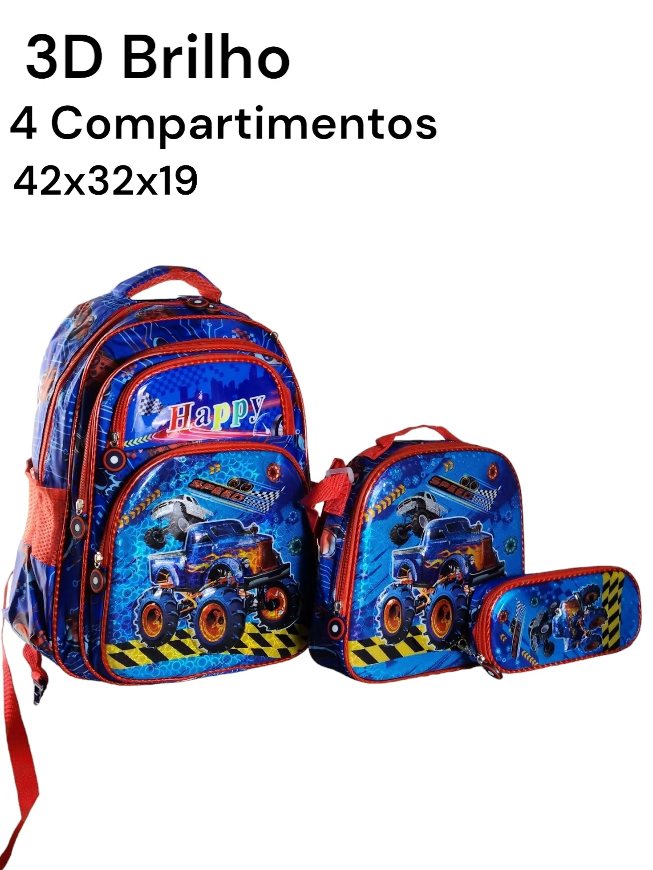 Kit Mochila Escolar+Lancheira+Estojo 4 Compartimentos