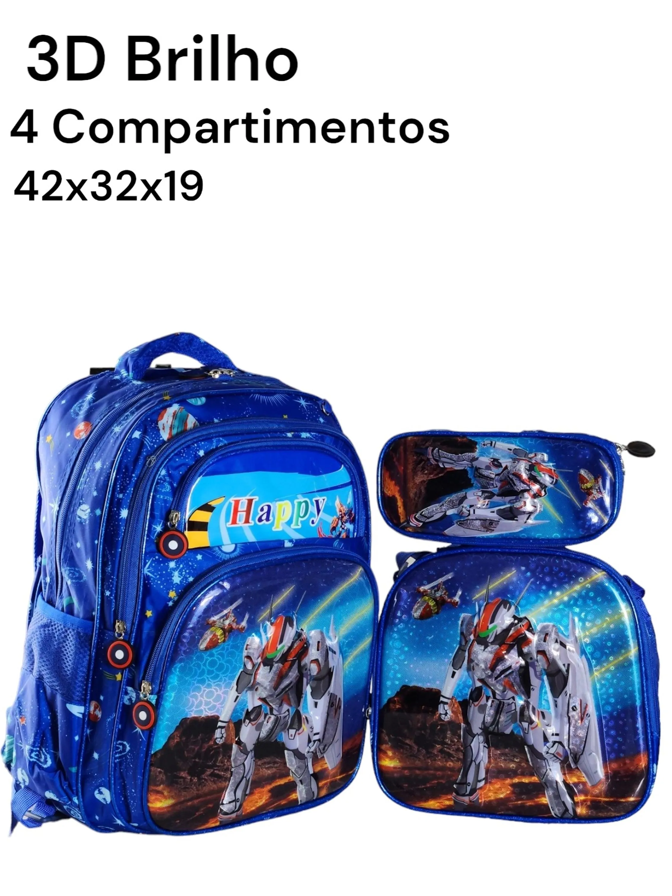 Kit Mochila Escolar+Lancheira+Estojo [Robo Branco] 4 Compartimentos