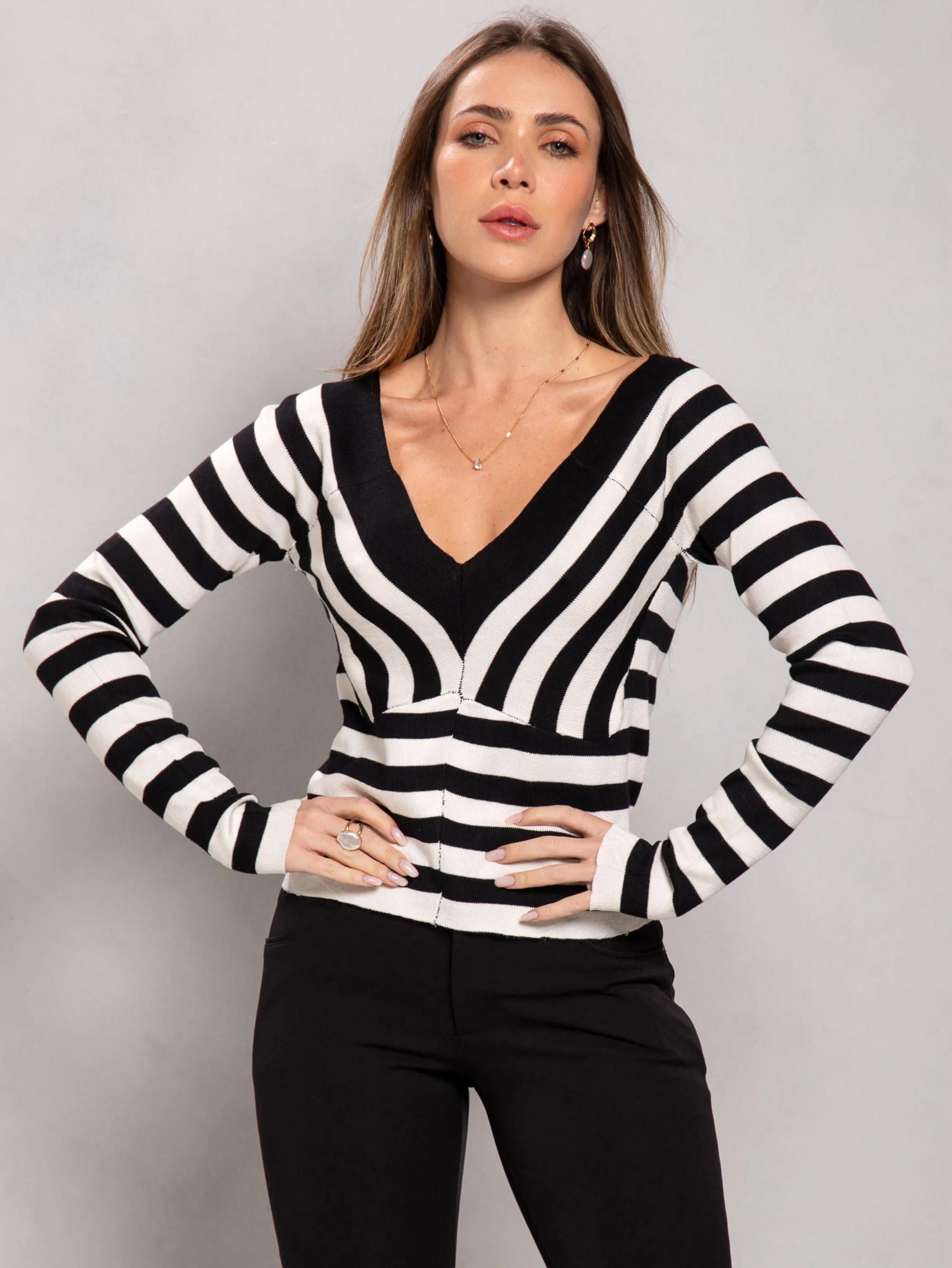 Blusa modal listrada de manga longa L1652