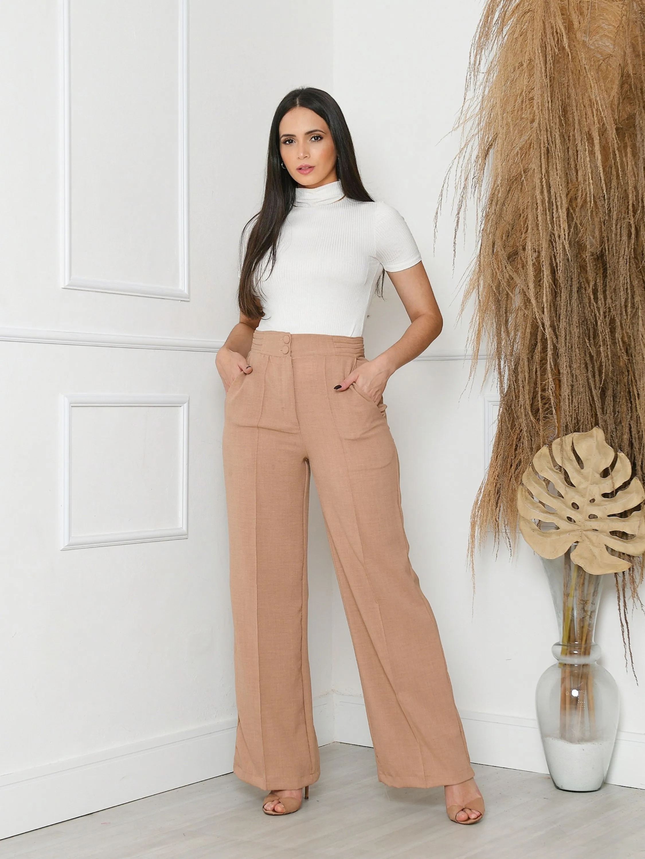 Calça pantalona social linhão femenina com zíper