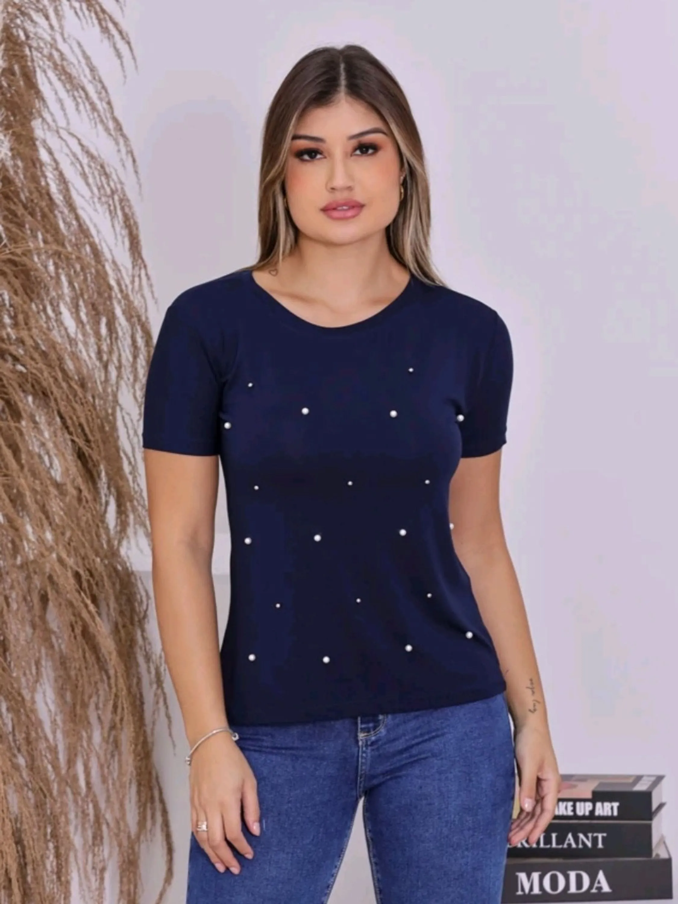 Tshirt blusa feminina com pérola bem elastano