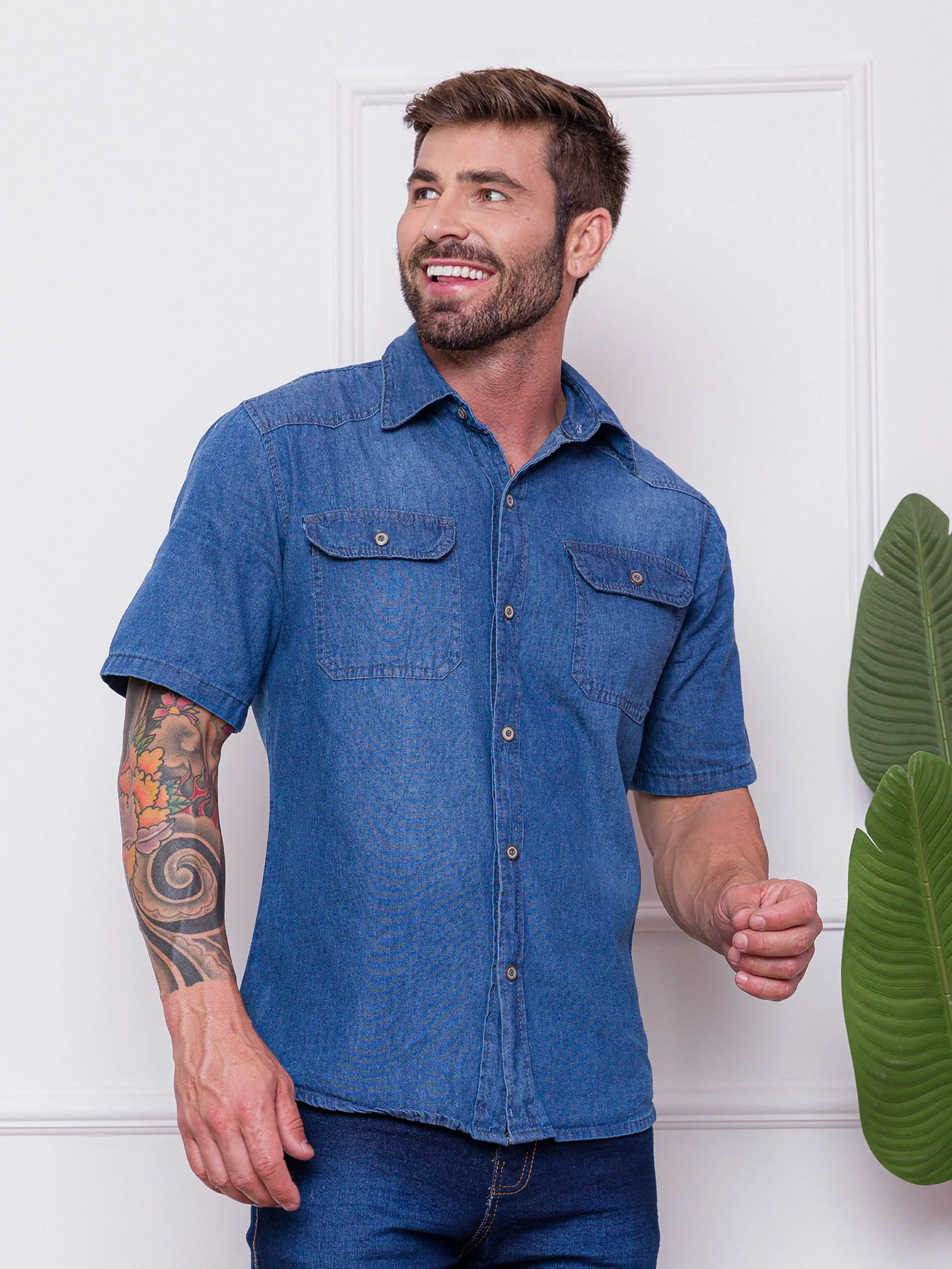 Masculina Denim Camisa Jeans Importado Chic Manga Curta com Bolso