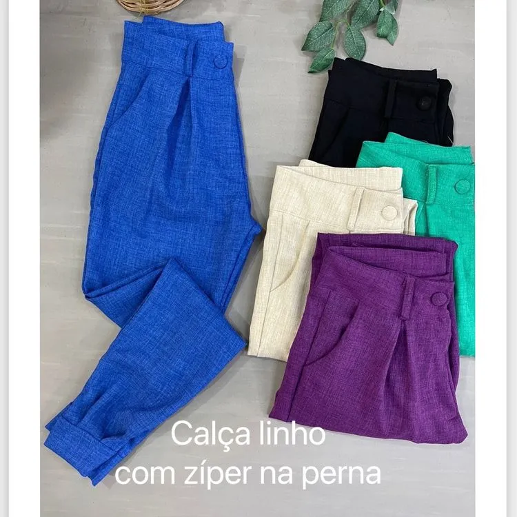 Calça linho com zíper na perna Yan modas