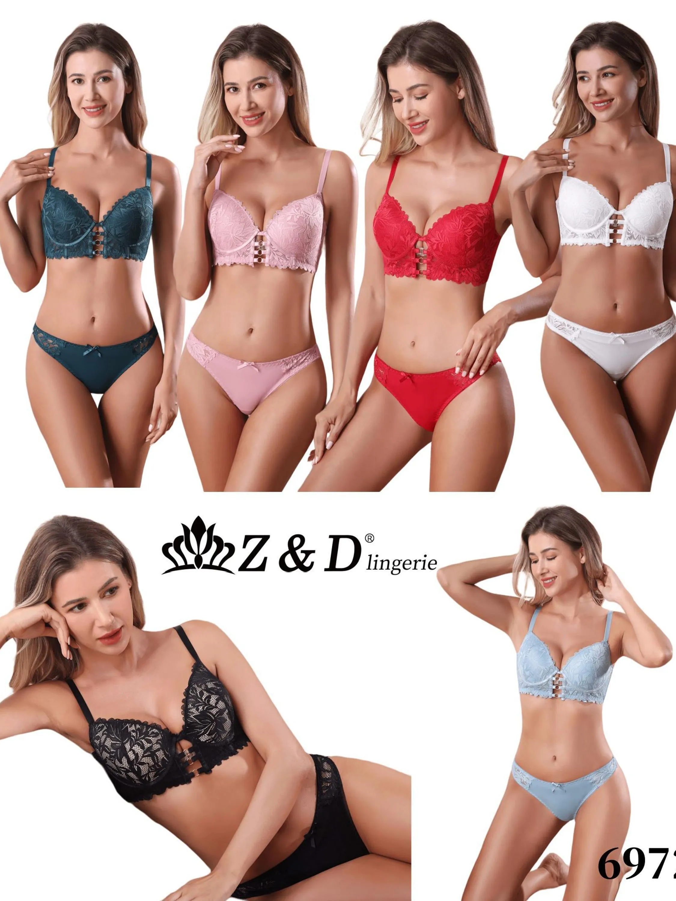 12Peças Z&D Lingerie Conjunto Sem Aro Com Bojo E Renda Calcinha Tanga 6972