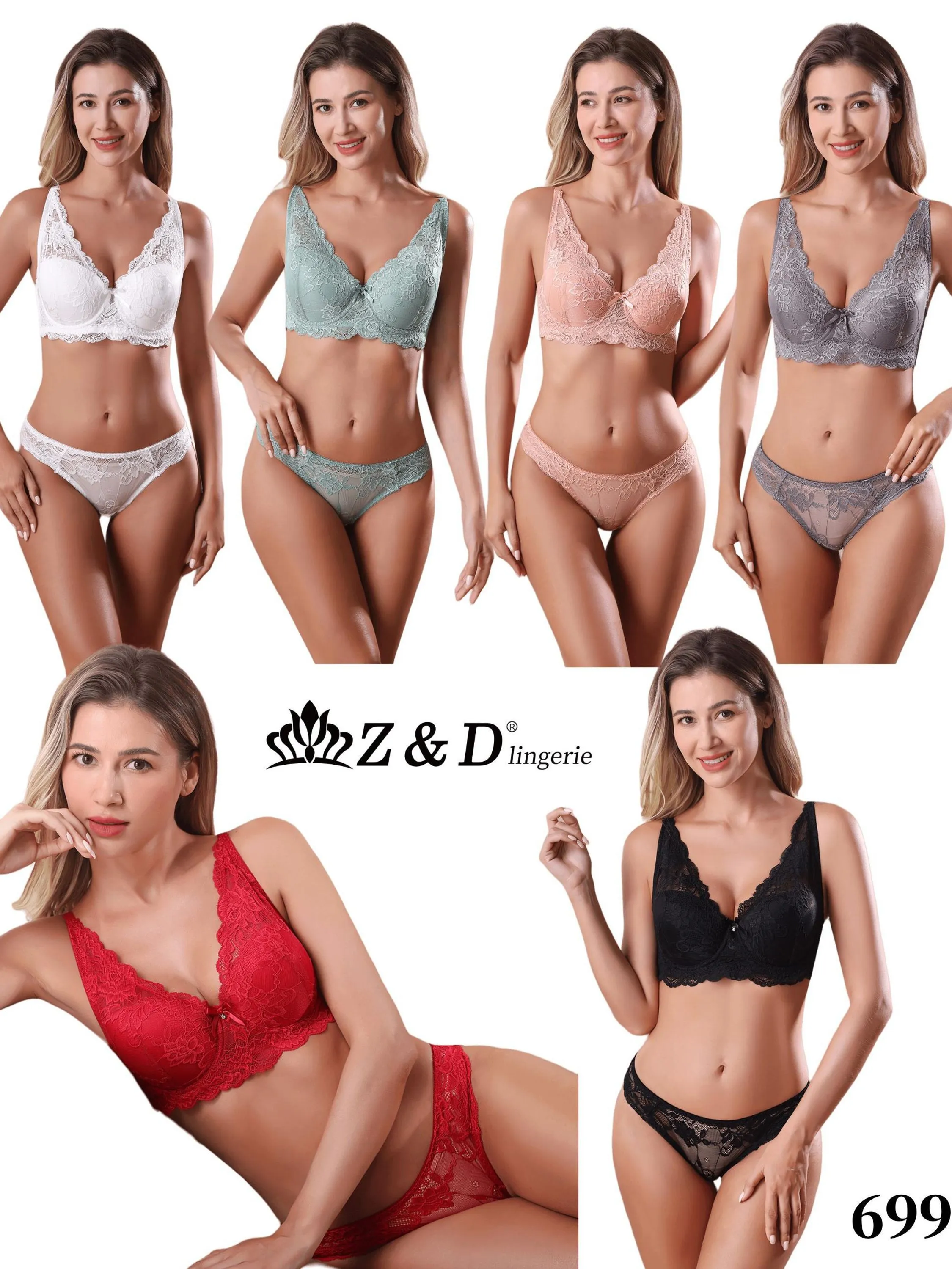 12Peças Z&D Lingerie Conjunto Sem Aro Com Bojo E Renda Calcinha Tanga 6997