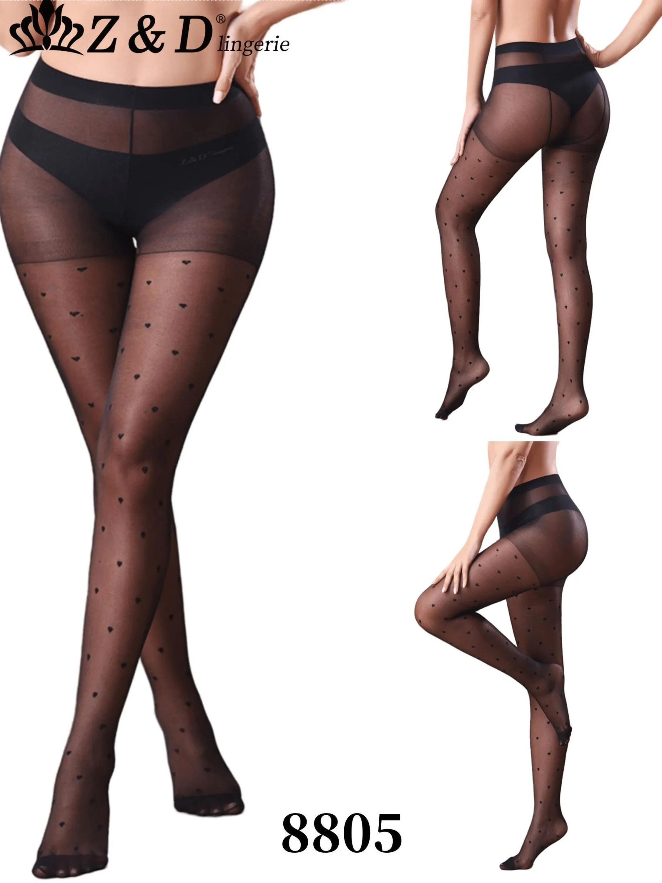 12 Peças Z&D Lingerie Meia Calça Fio15 Clássica Fina  Adulto Com Estampa Coração 8805