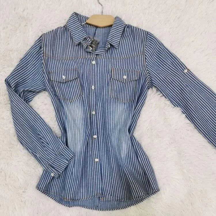 Camisa Jeans Listas Moda feminino