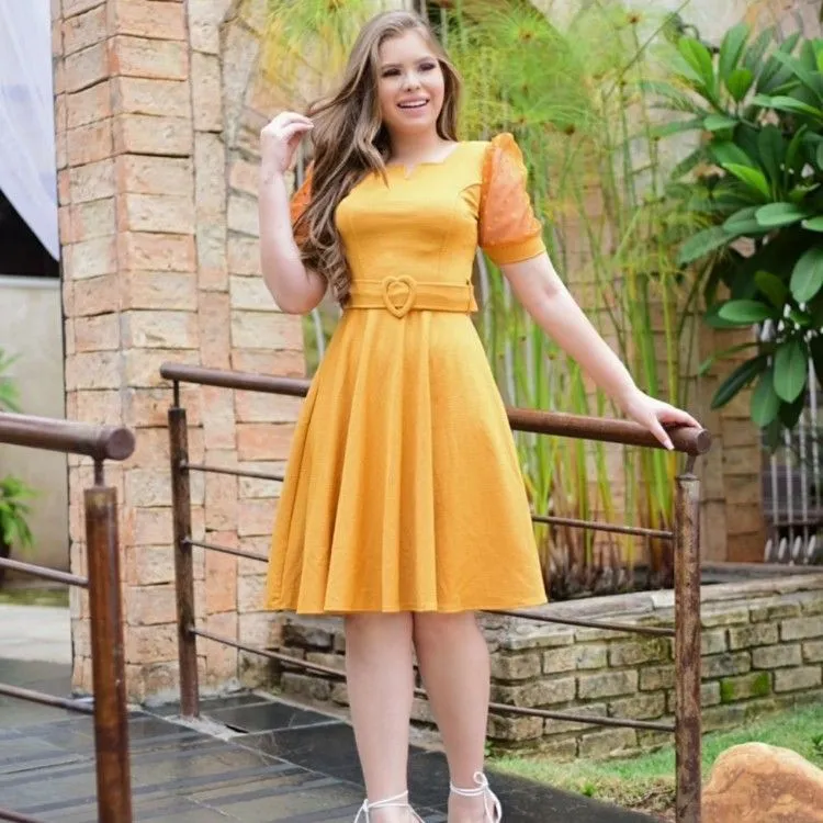 Vestido Evangélico Midi Godê Com Cinto Coração Manga Curta Tule Festa