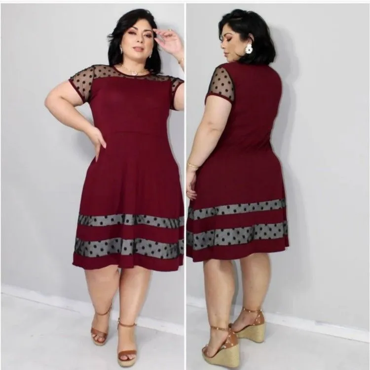 Plus Size Vestido  Manga Curta Polka Dot Belt Vestido Vintage