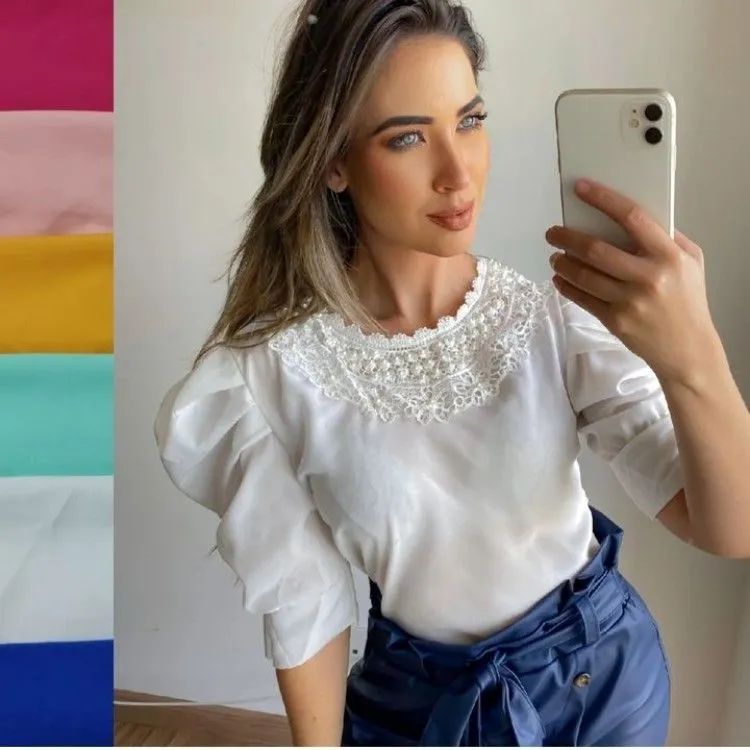 Blusas Sociais  Moda Evangélica com renda e perolas pedraria.001