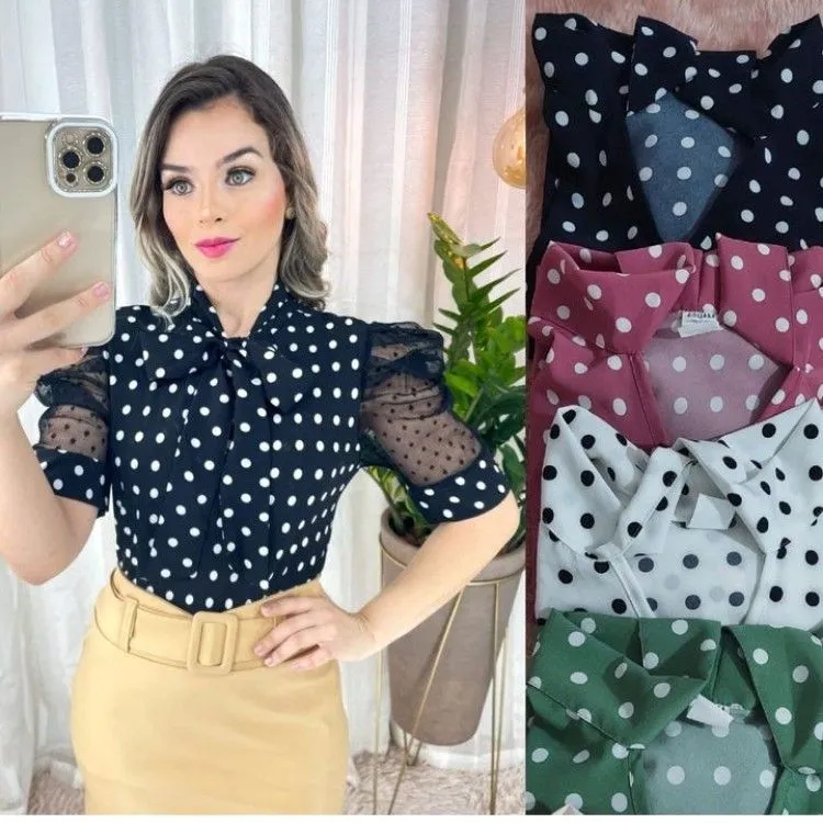 Blusinha Feminina Manga Princesa Tule Póa Com Gola Laço