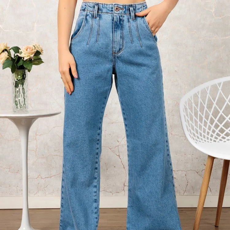 Jeans cintura alta cintura reta slimming perna larga